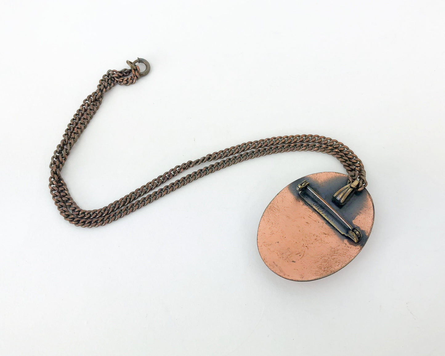 1960s Copper Pendent Necklace | 60s Modern Pendant Pin Necklace | Rosyln Hoffman
