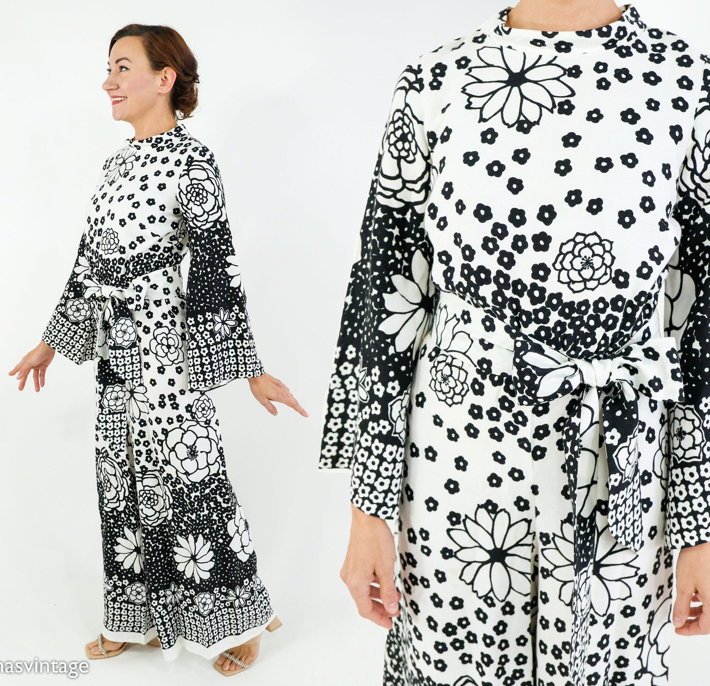 1970s Black & White Floral Print Jumpsuit with Wide Legs, Medium