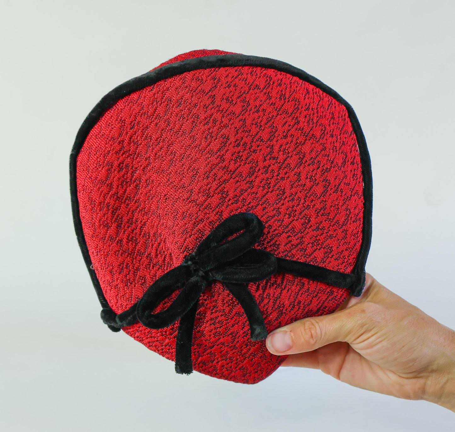 1940s Vintage Red Knit Fascinator, Red Saucer Hat with Black Velvet Tie
