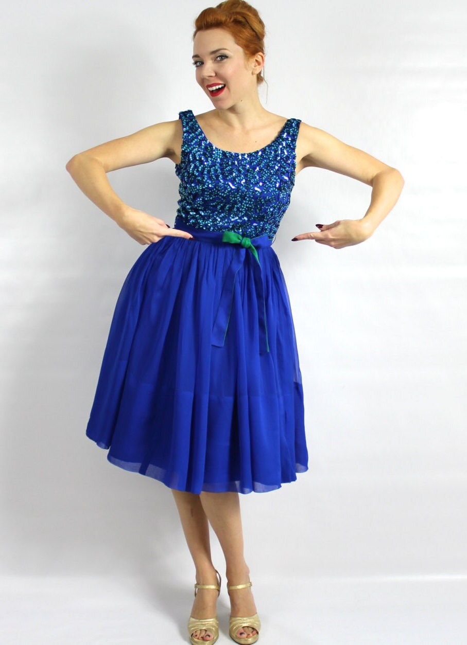 1950s Royal Blue Chiffon Party Dress with Sequin Bodice, Small