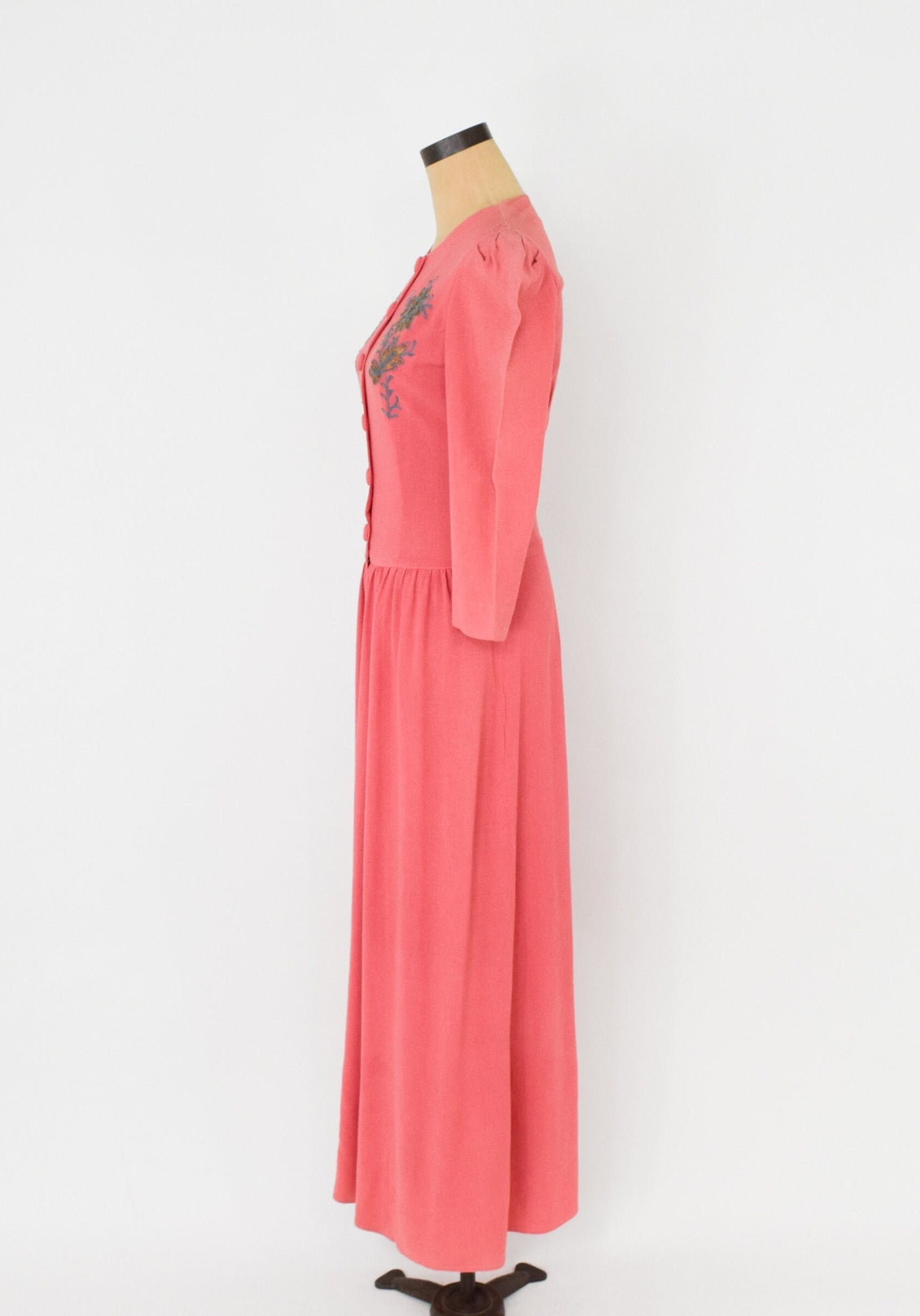 1940s Coral Crepe Evening Dress | 40s Coral Lounging Gown | Pink Crepe Long Dress | Barbara | Medium