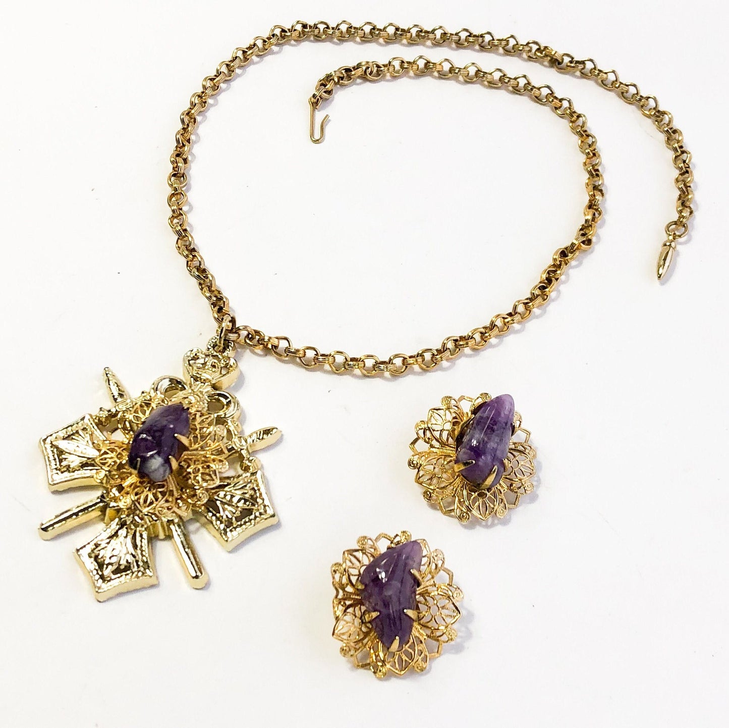 Coro | 1960s Gold & Purple Necklace Earrings Set | 60s Purple Agate Necklace Set | Coro
