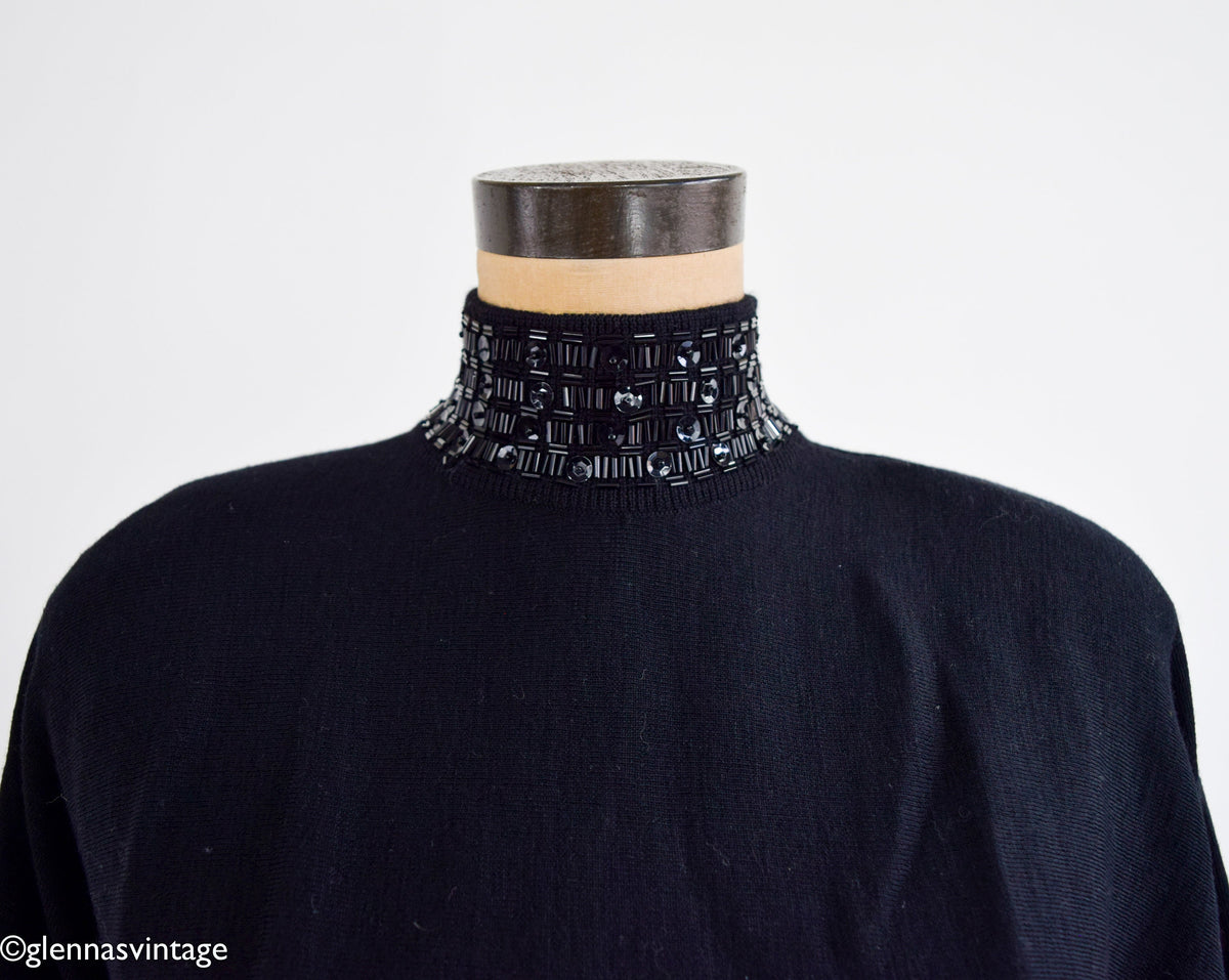 1980s Black Wool Beaded Turtleneck Sweater | Semplice, Medium
