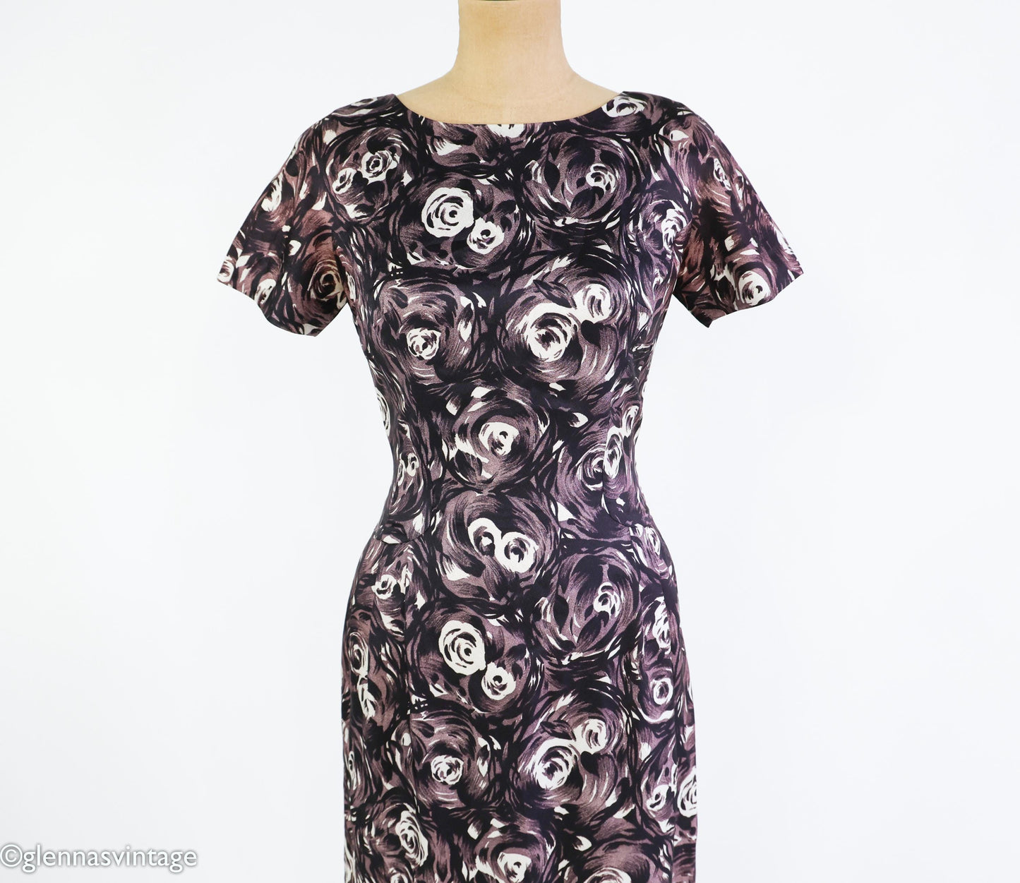 1950s Black & Gray Rose Print Dress, Small