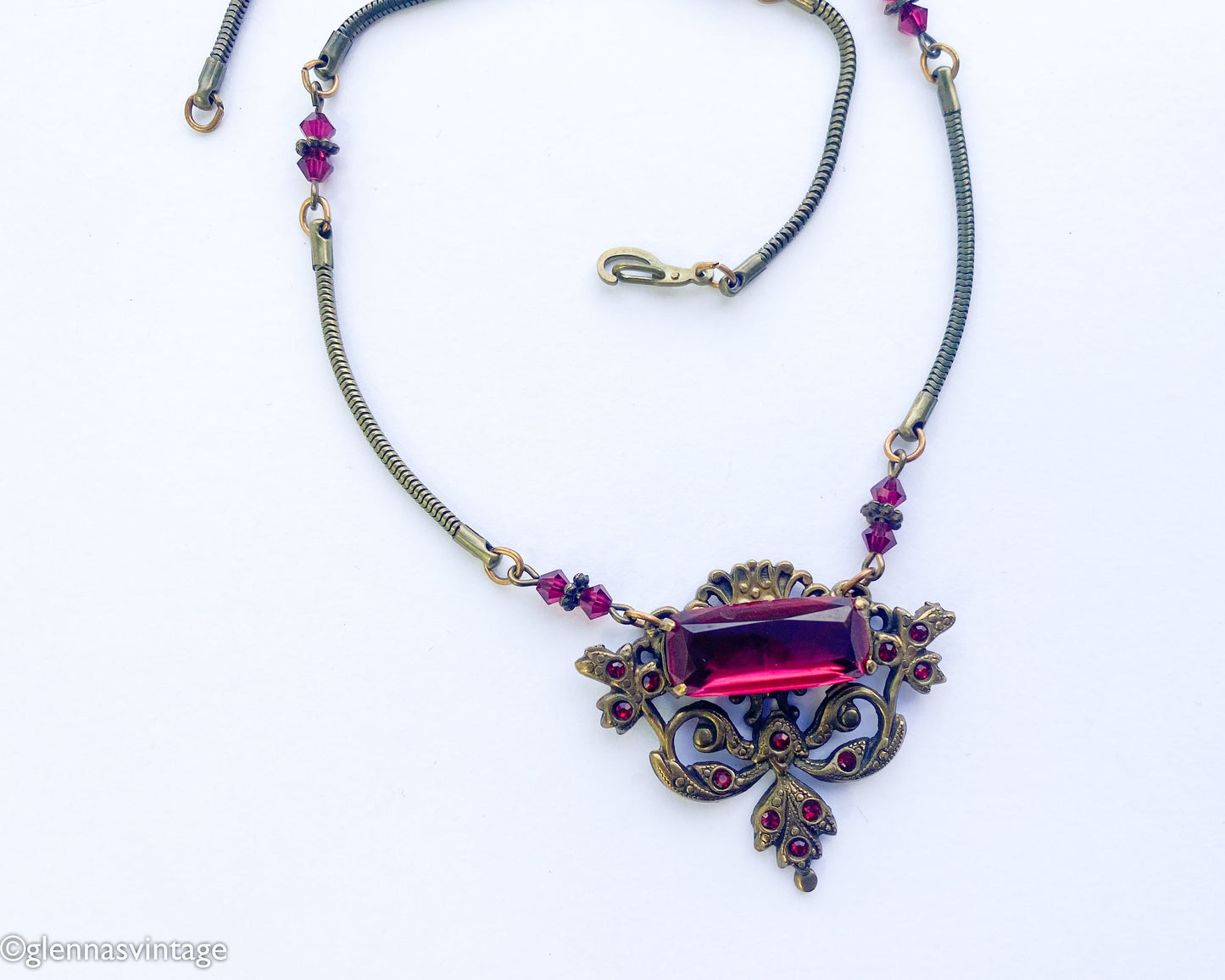 1940s Red Glass Pendant Necklace | Bronze Coil Chain