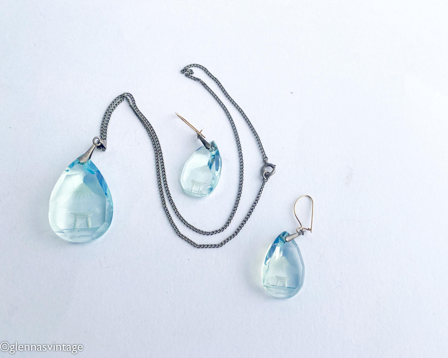 1950s Mt Fuji Scene in Blue Glass Pendant Necklace and Earring Set