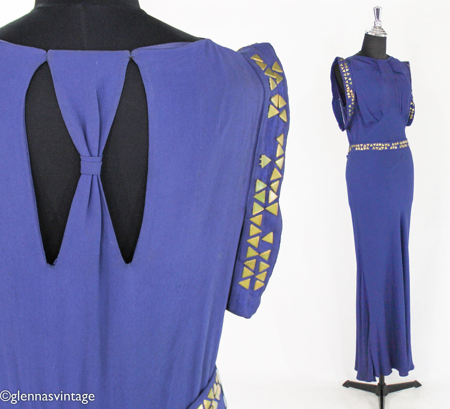 1930s Violet Purple Crepe Evening Dress, Grecian Style Brass Studded Gown, Medium