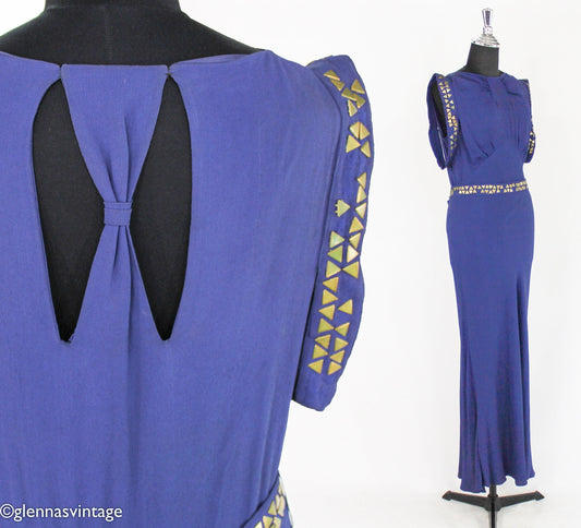 1930s Violet Purple Crepe Evening Dress, Grecian Style Brass Studded Gown, Medium