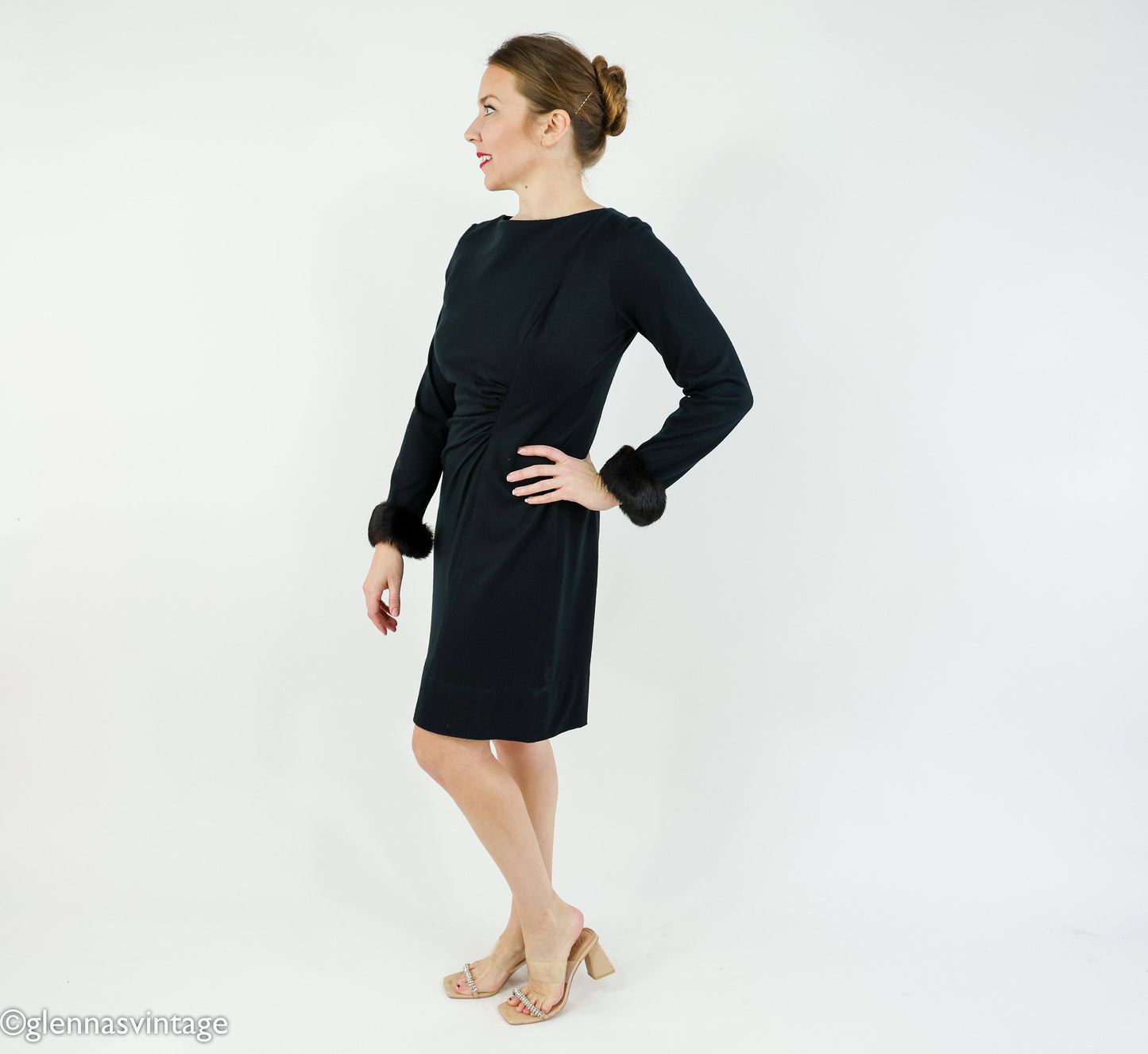 1960s Black Wool Fur Cuff Dress | 60s Black Wool Knit Cocktail Dress | Medium