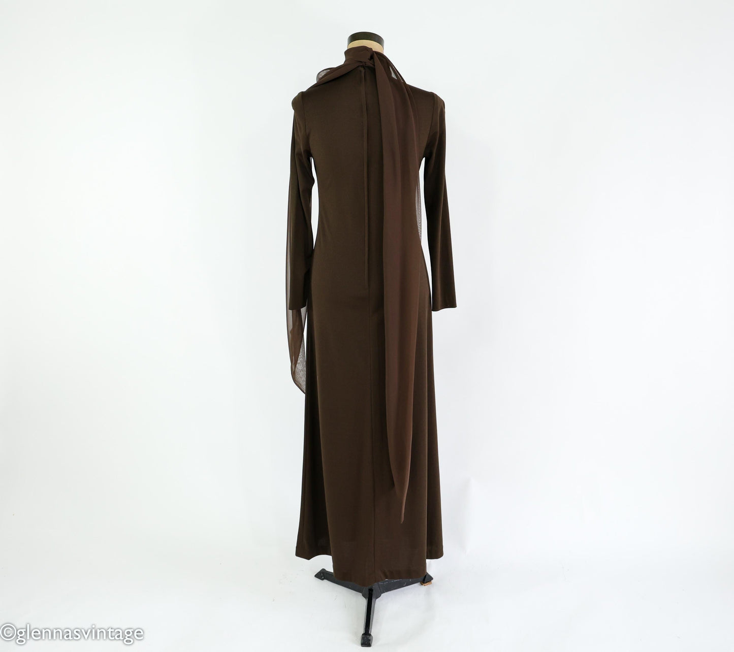 1970s Brown Maxi Dress | Chiffon Collar Evening Gown, Medium