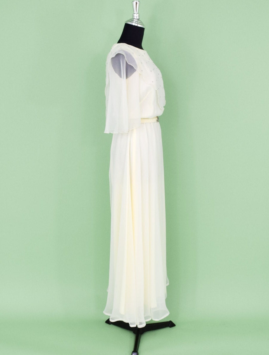 1970s Creme Rhinestone Evening Gown, Small