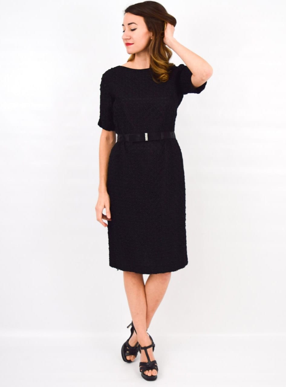 1950s Black Ribbon Lace Dress, Crochet Look, Medium