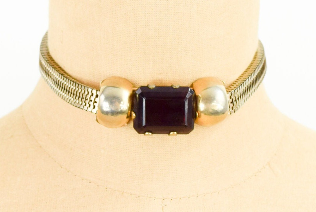 1940s Amethyst Coil Necklace | 40s Gold Box Style Coil Choker | Purple Coil Choker