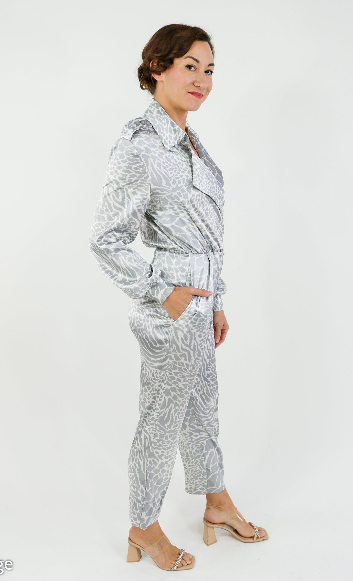 1980s Giraffe Silver Print Jumpsuit | 80s Silver Jumpsuit | Caron | Medium