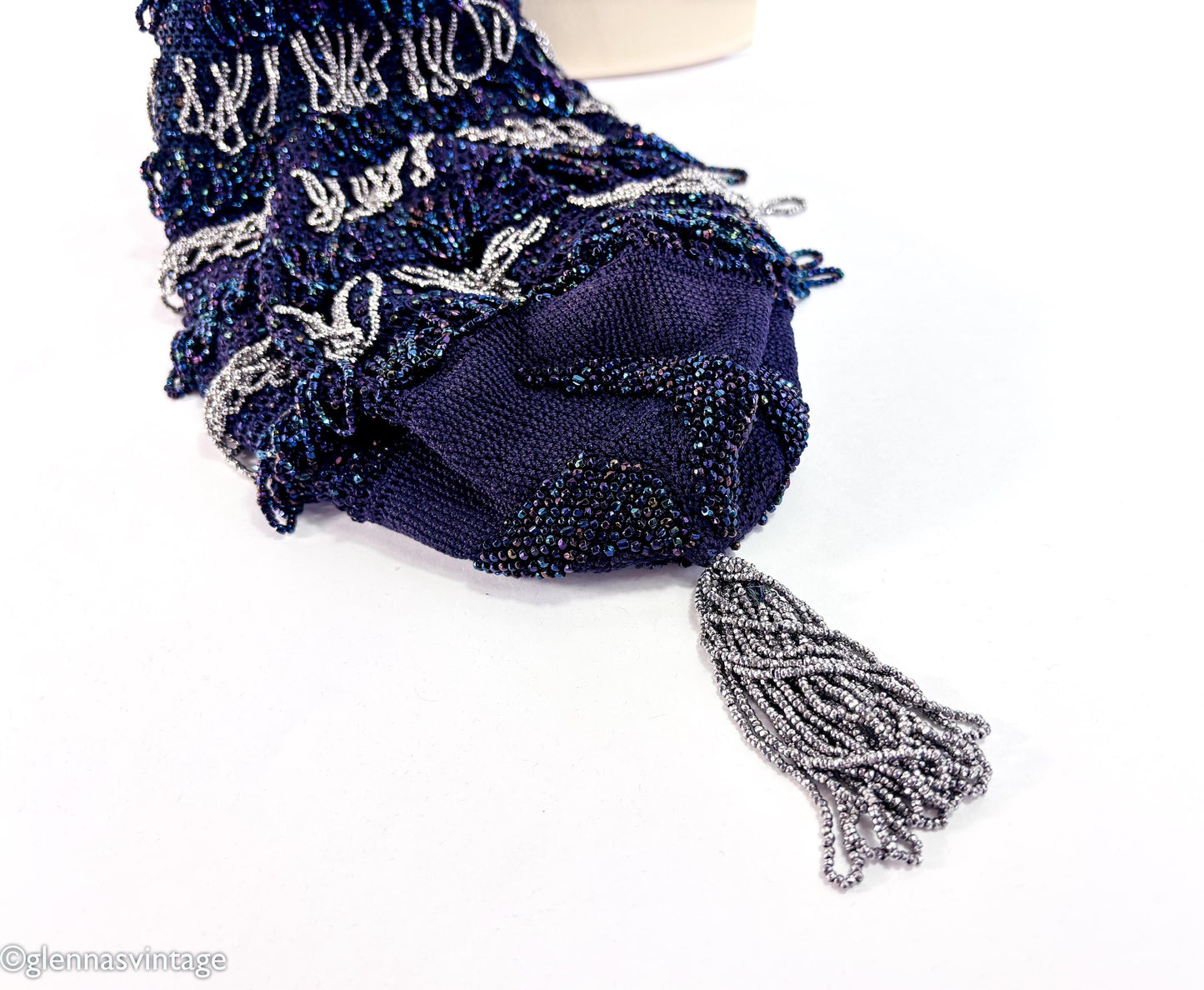 1900s Navy Beaded Pouch Evening Bag with Lucite Lid