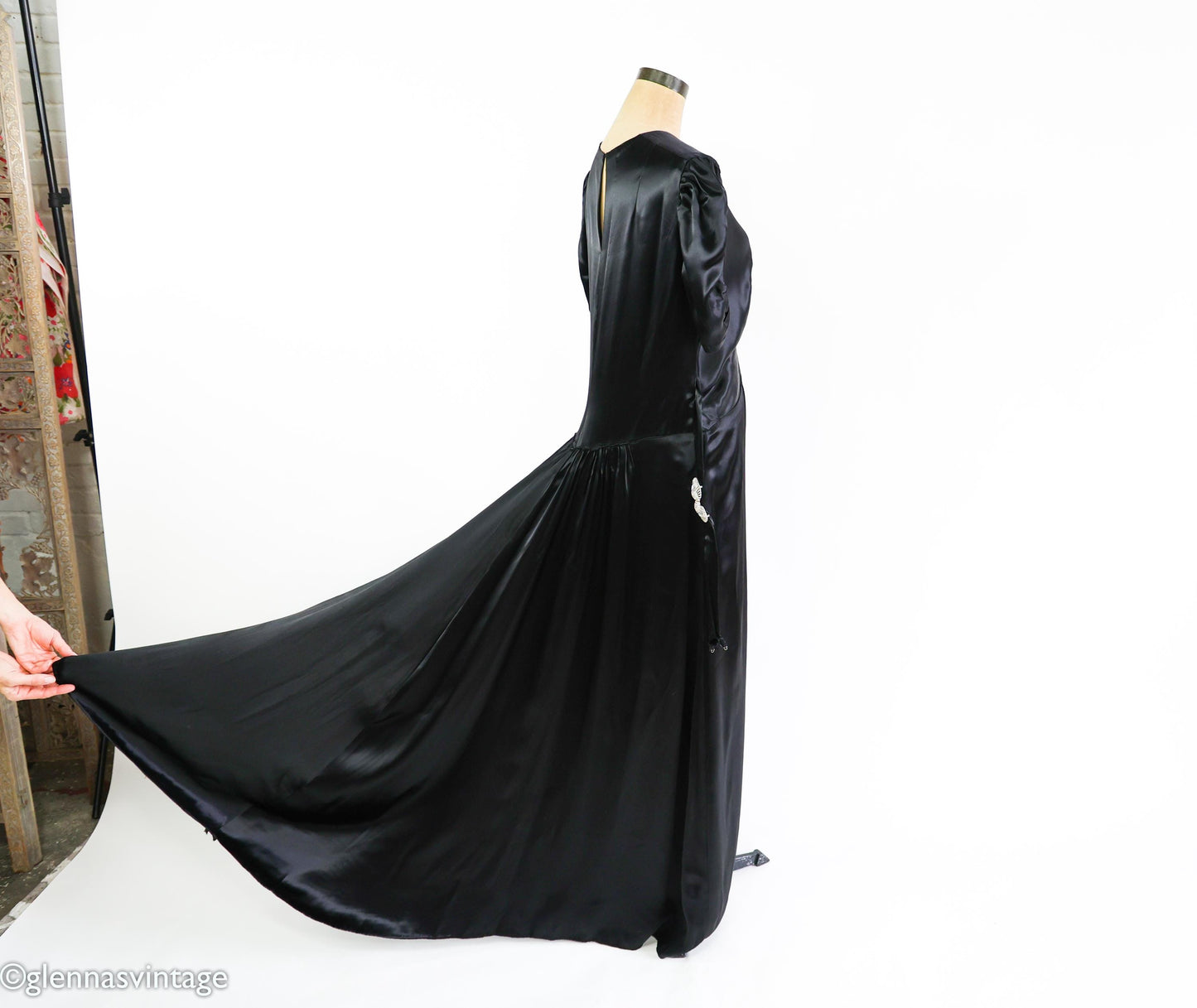 1930s Vintage Black Satin Evening Gown, Rhinestone Belt, Extra Large