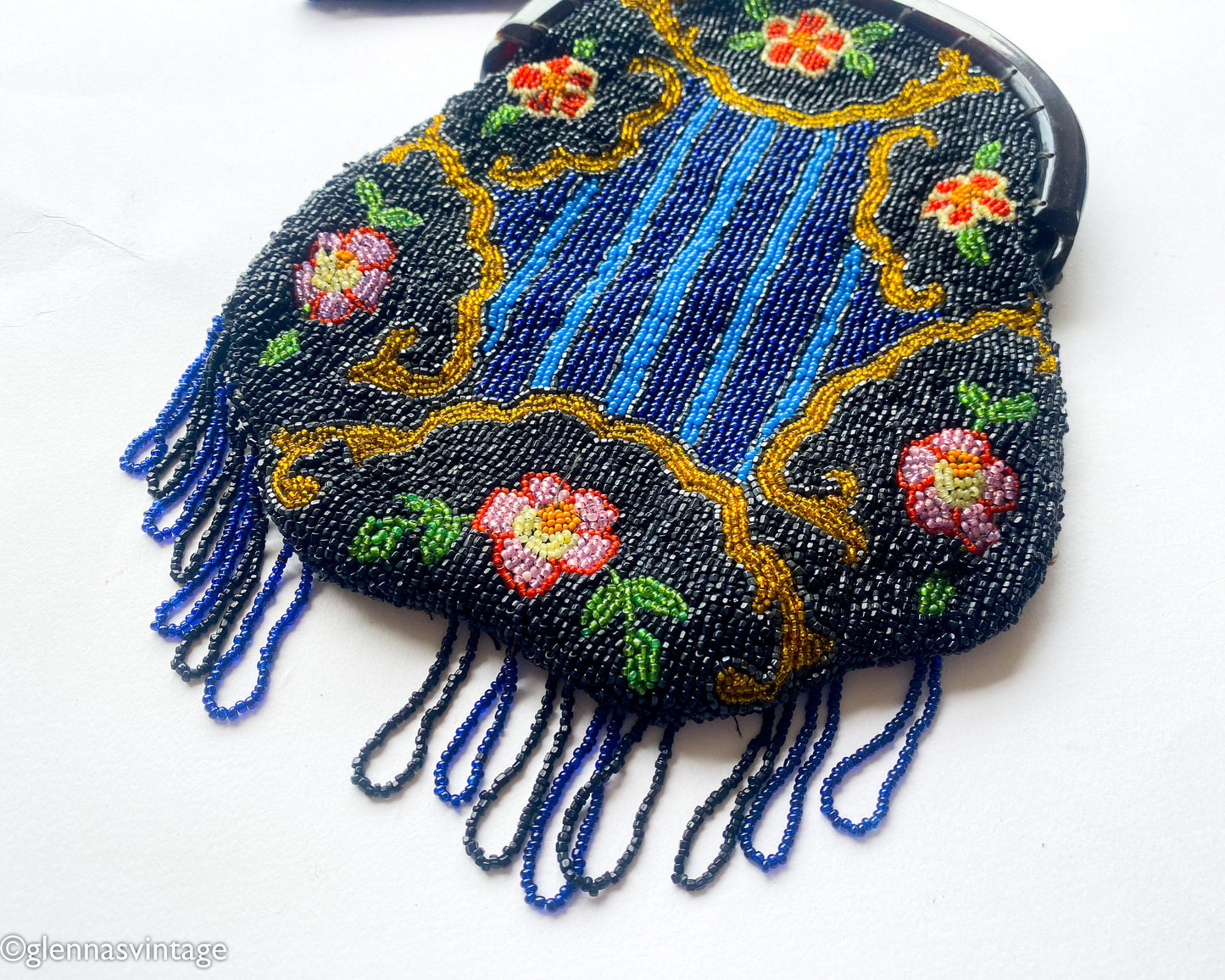 1900s Antique Floral Beaded Handbag with Lucite Frame