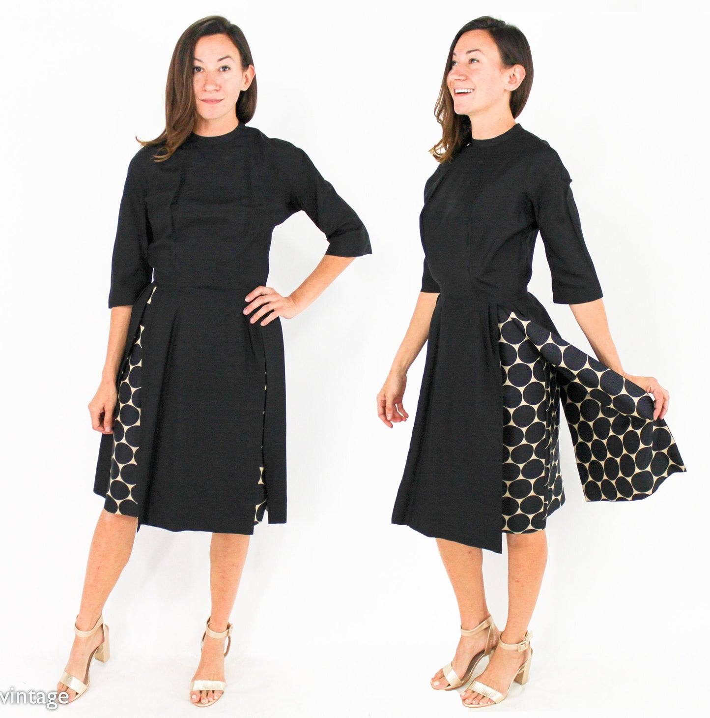 1950s Black Silk Polka Dot Cocktail Dress, Gigi Young N.Y., Small
