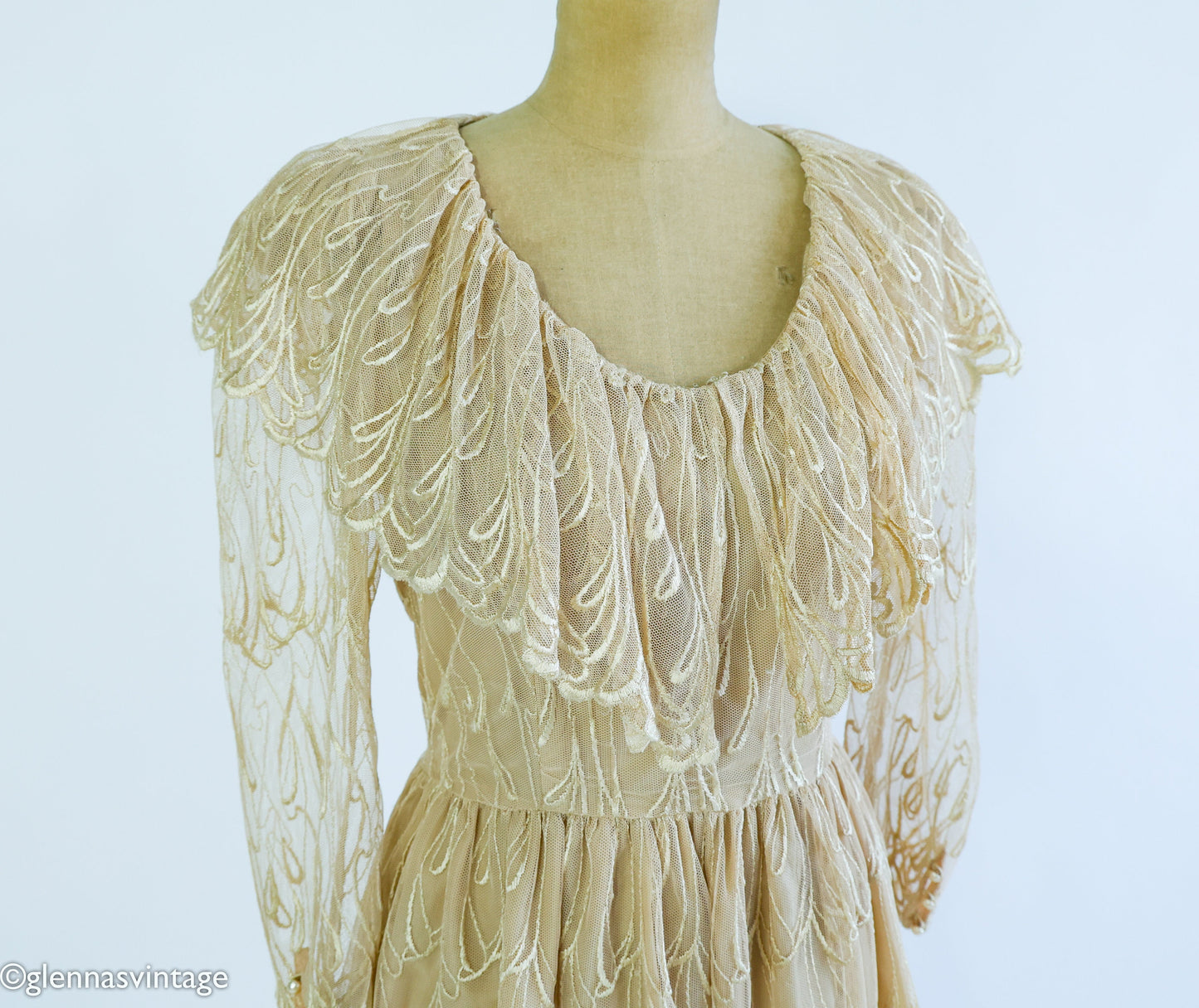 1980s Beige Lace Party Dress | Ruffled Portrait Collar, Medium