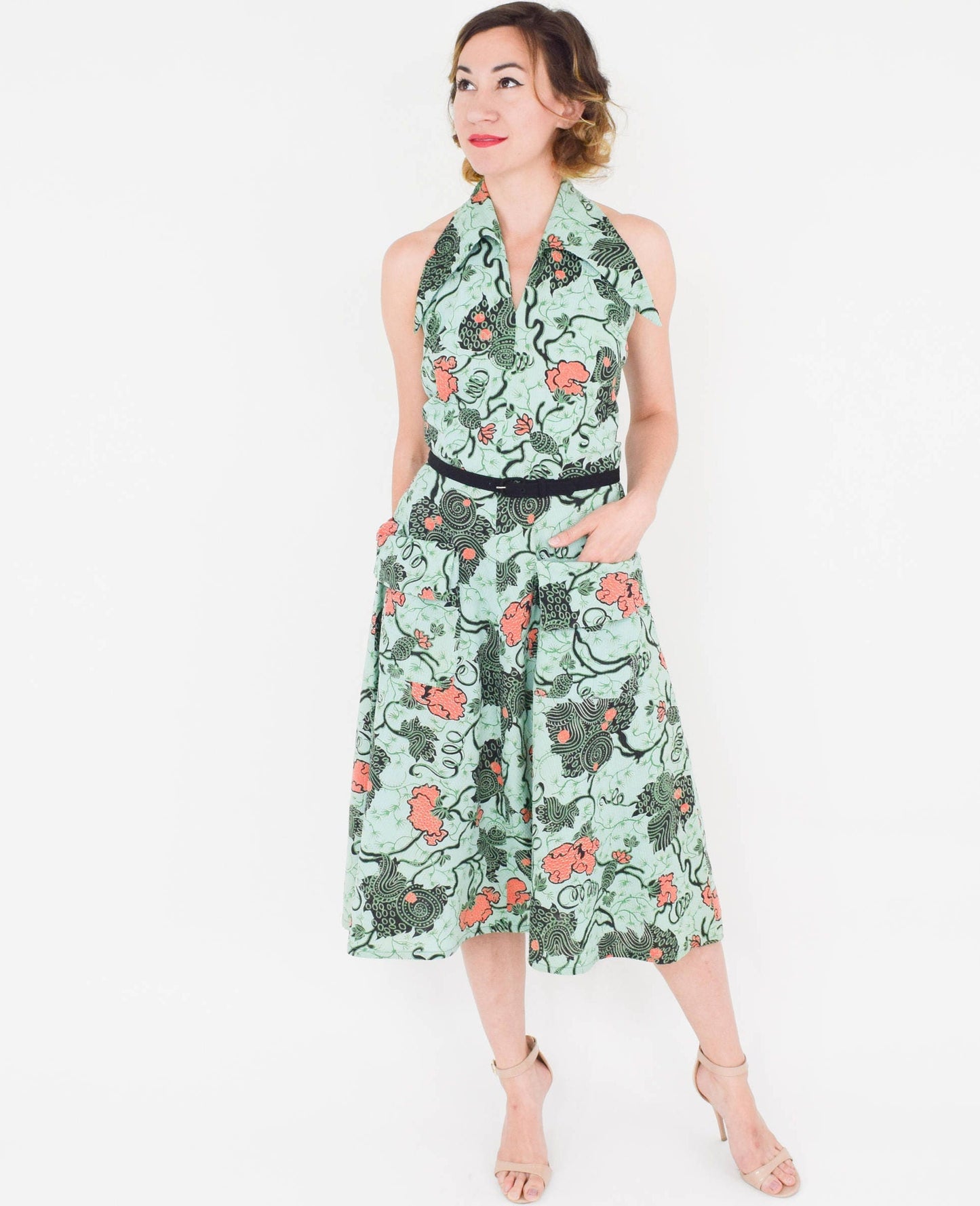 1950s Green Floral Halter Dress, Small