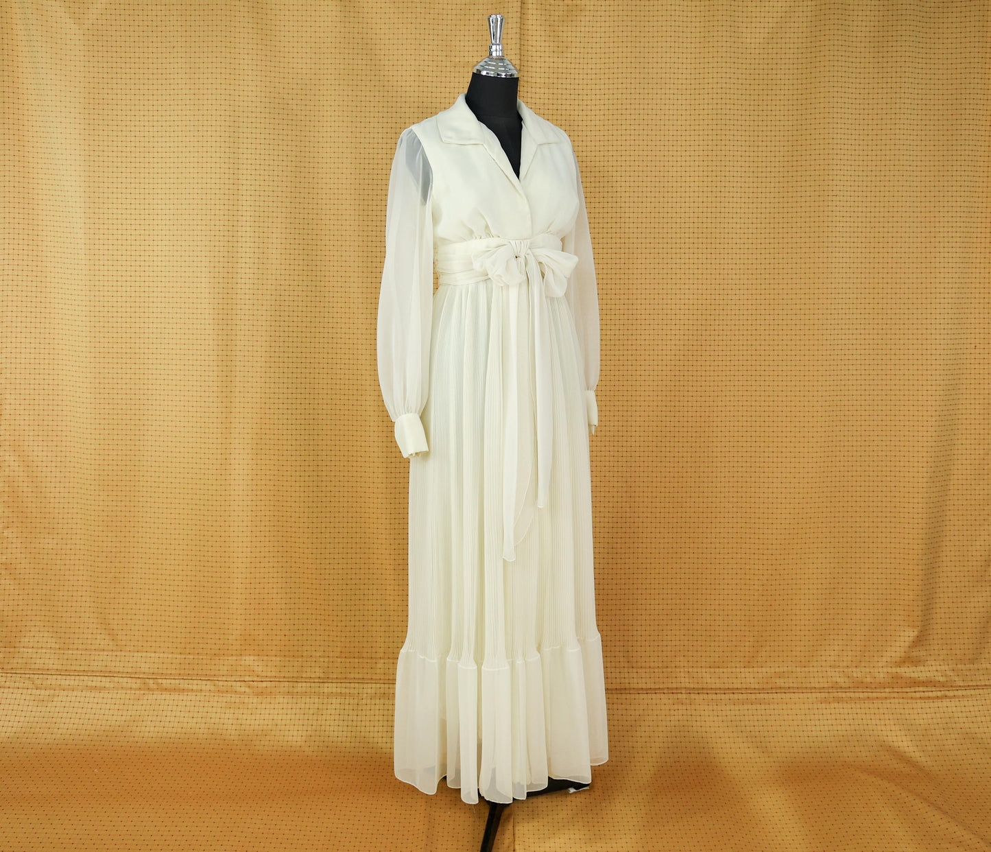 1970s Ivory Chiffon Wedding Dress, Romantic Pleated Maxi Gown, Small