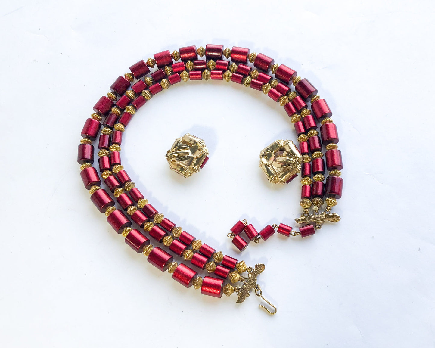 1960s Red Necklace Earrings Set | 60s Red Plastic Bead Necklace Set