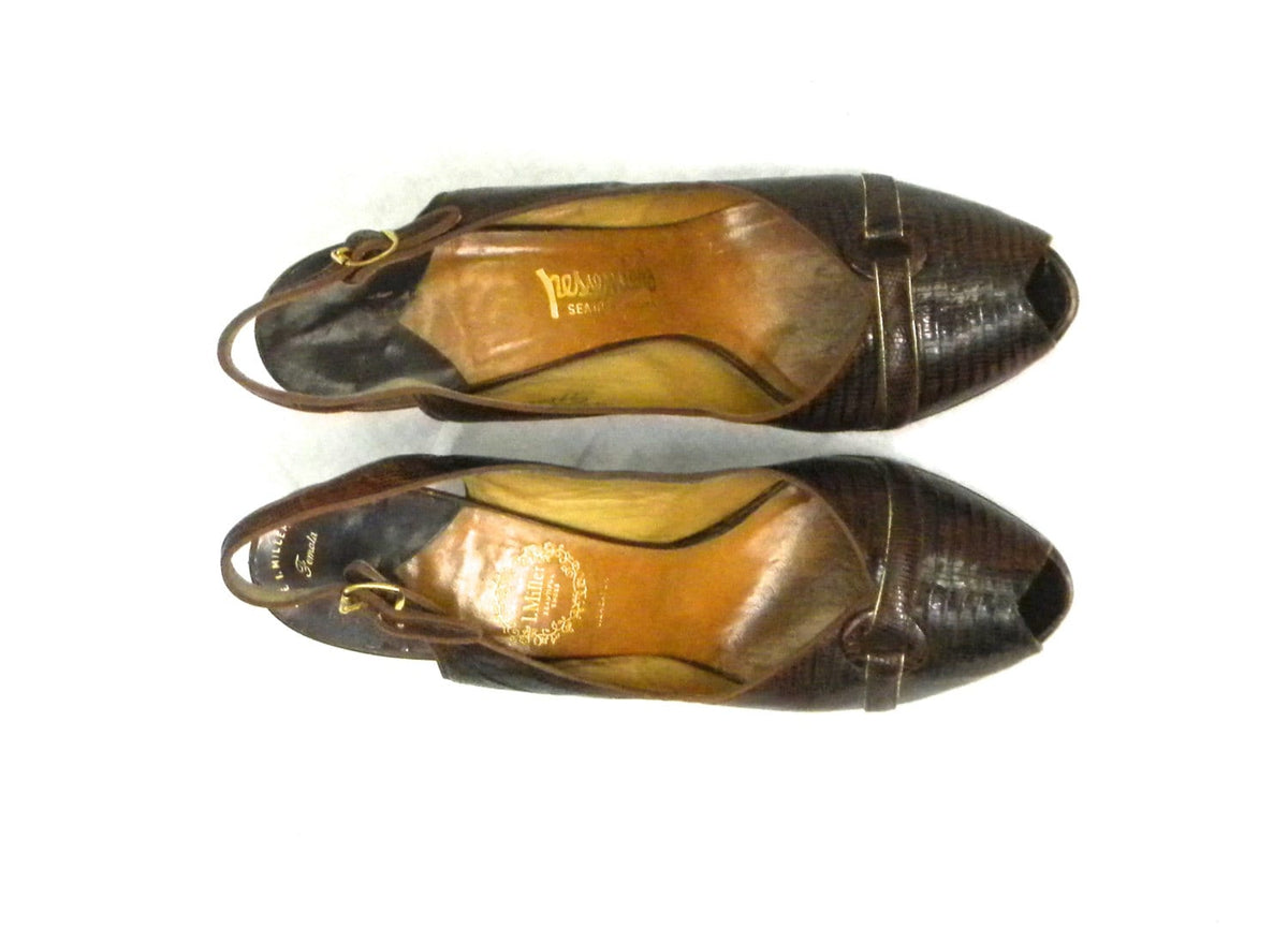 1950s Brown Lizard Skin Slingback Pumps Leather Heels, 8.5 Narrow, 39