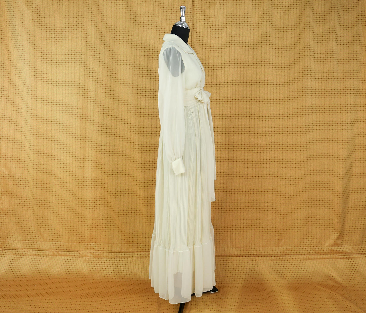 1970s Ivory Chiffon Wedding Dress, Romantic Pleated Maxi Gown, Small