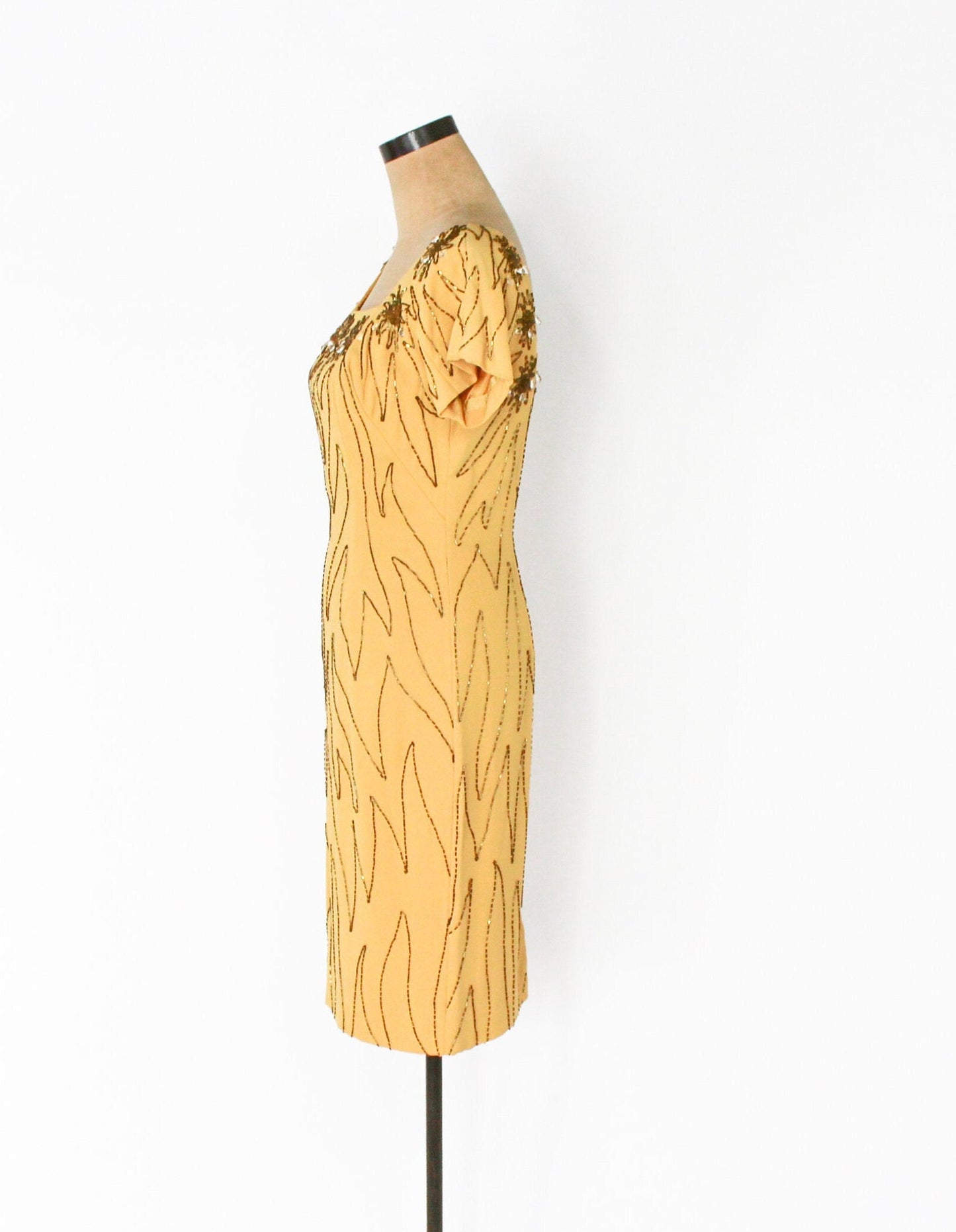 1950s Yellow Beaded Cocktail Dress, Small