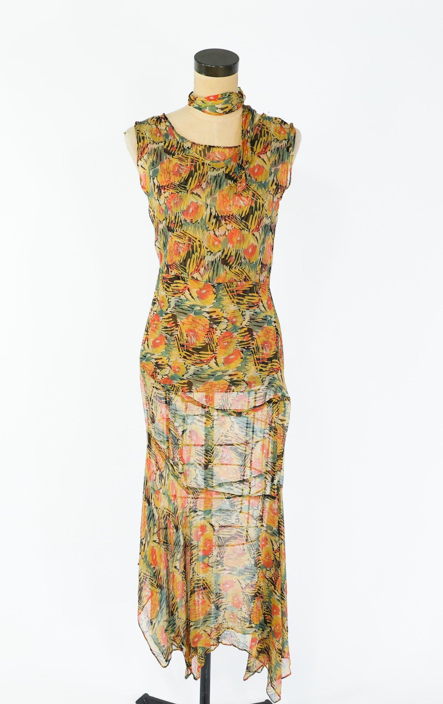 1930s Floral Print Silk Chiffon Dress with Asymmetrical Hem, Extra Small