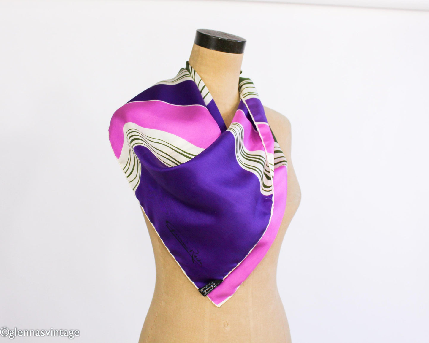 1980s Purple Green Pink Abstract Print Silk Scarf