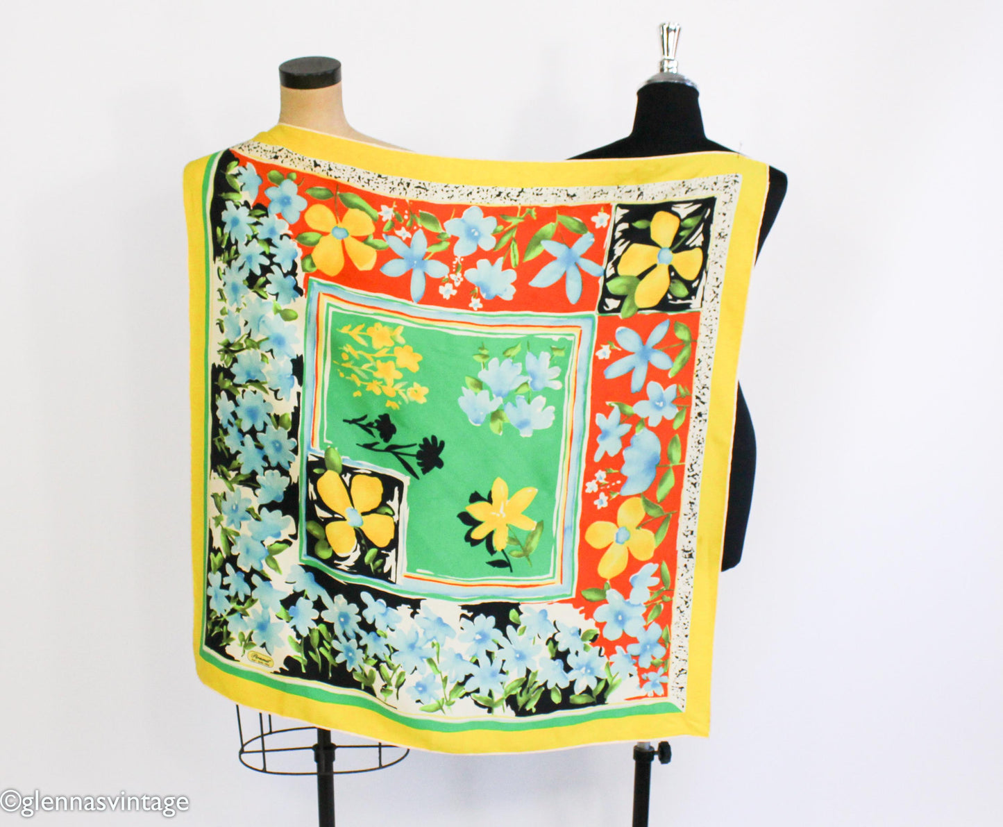 1980s Floral Silk Scarf | Green, Yellow, & Orange | Piramit