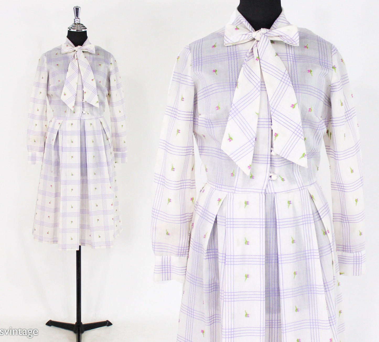 1950s White & Lavender Plaid Shirtwaist, Medium