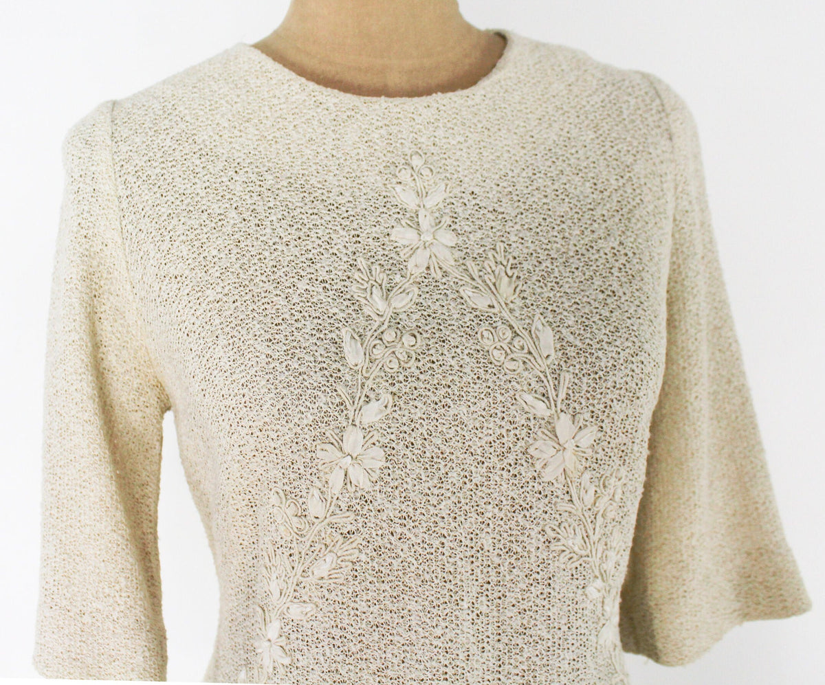 1960s Creme Knit Dress | Beige Nubby Knit Shift, Medium