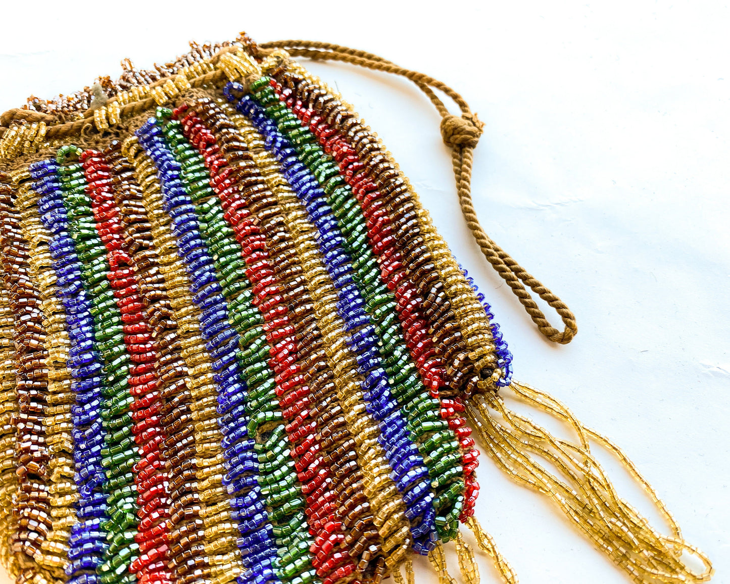 1900s Gold Striped Beaded Handbag | Red & Gold Beaded Stripe Pouch Bag | Downtown Abby