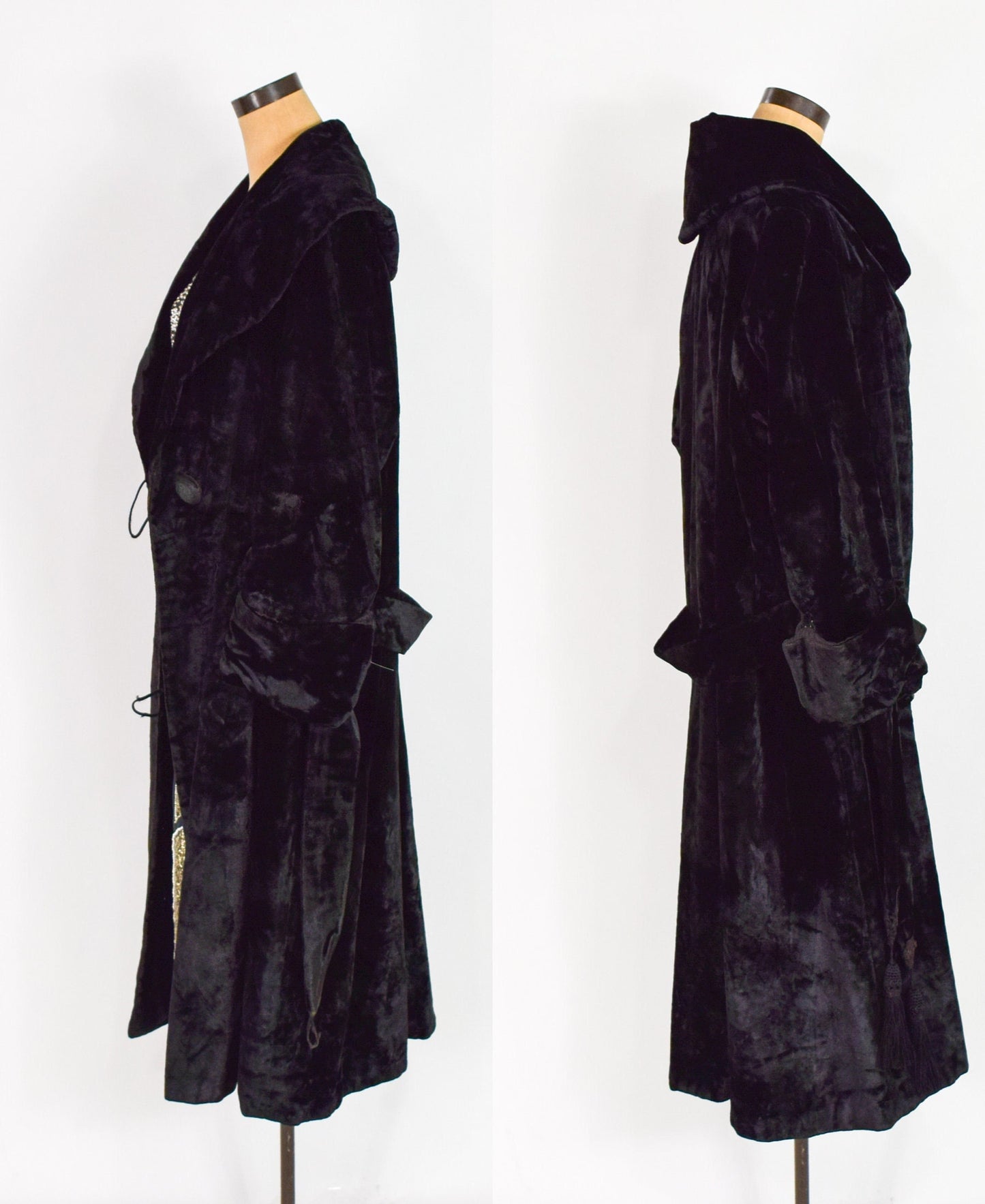 1900s Black Cotton Velvet Downton Abbey Coat with Portrait Collar, Large