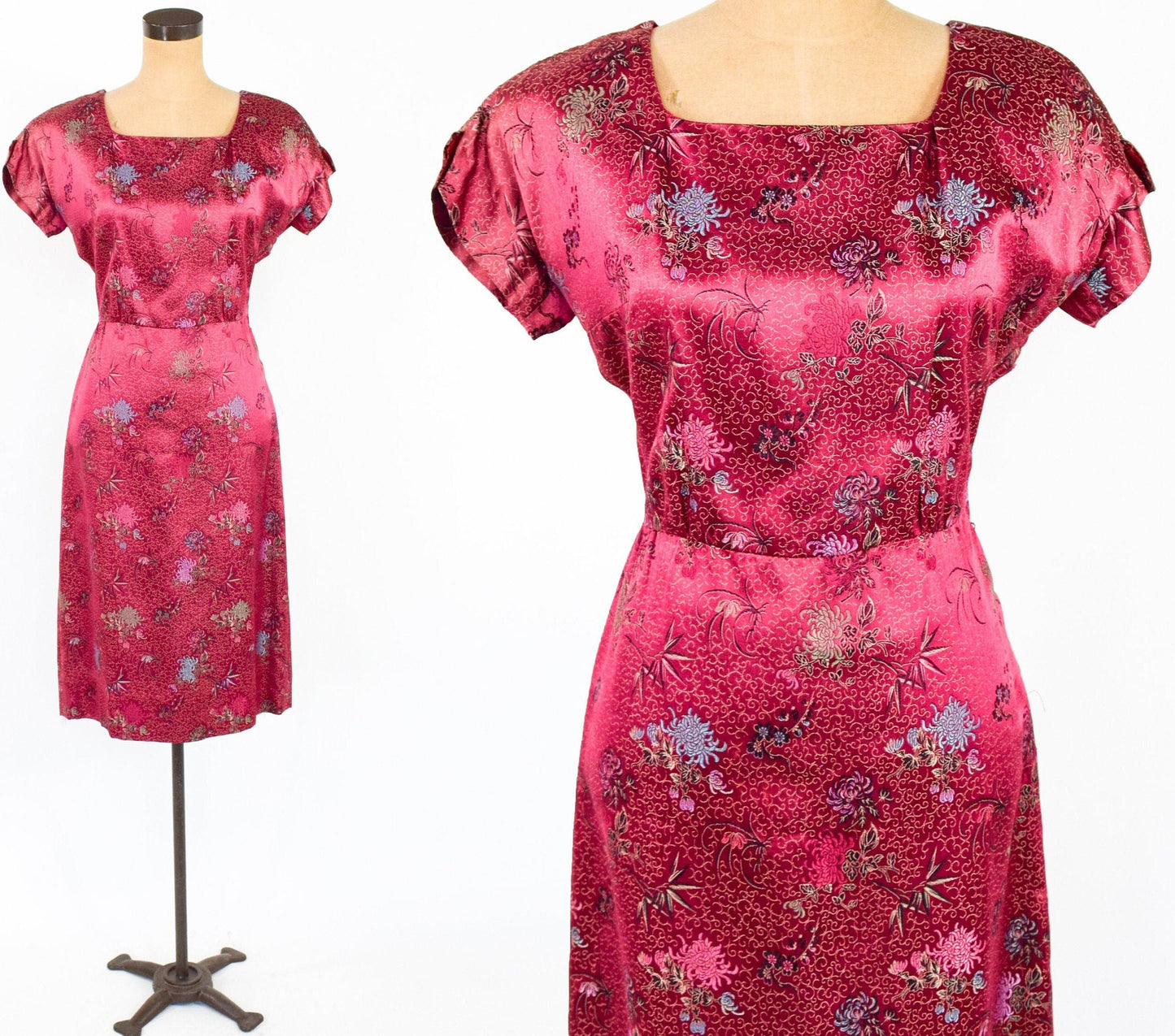 1950s Vintage Cranberry Silk Brocade Sheath | Red Party Dress, M/L
