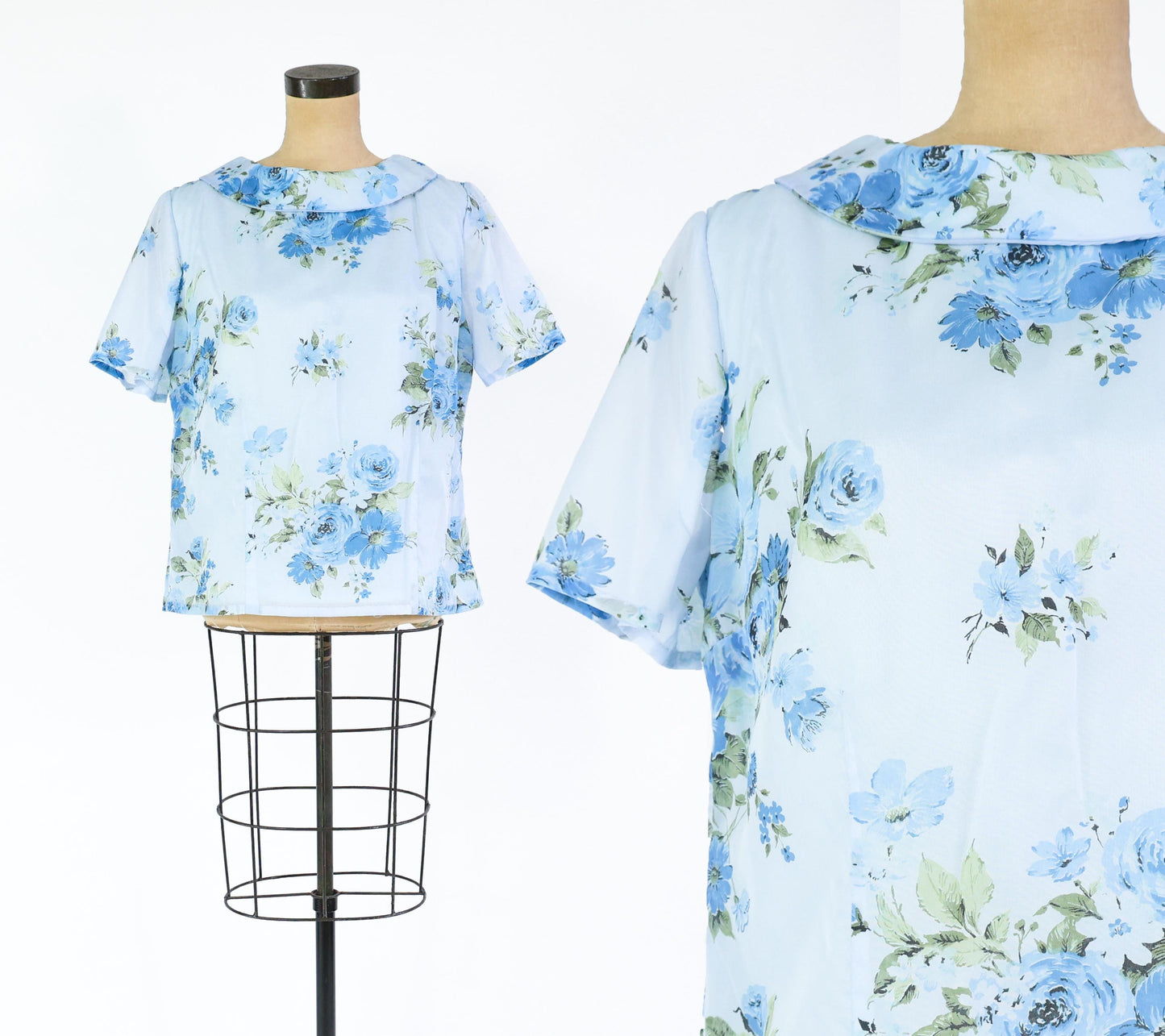 1960s Blue Floral Print Top, Extra Large, 42" Bust