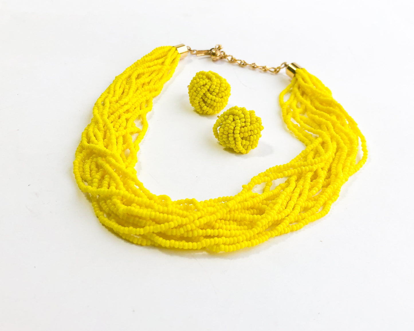 1960s Yellow Beaded Necklace & Clip Earrings Jewelry Set