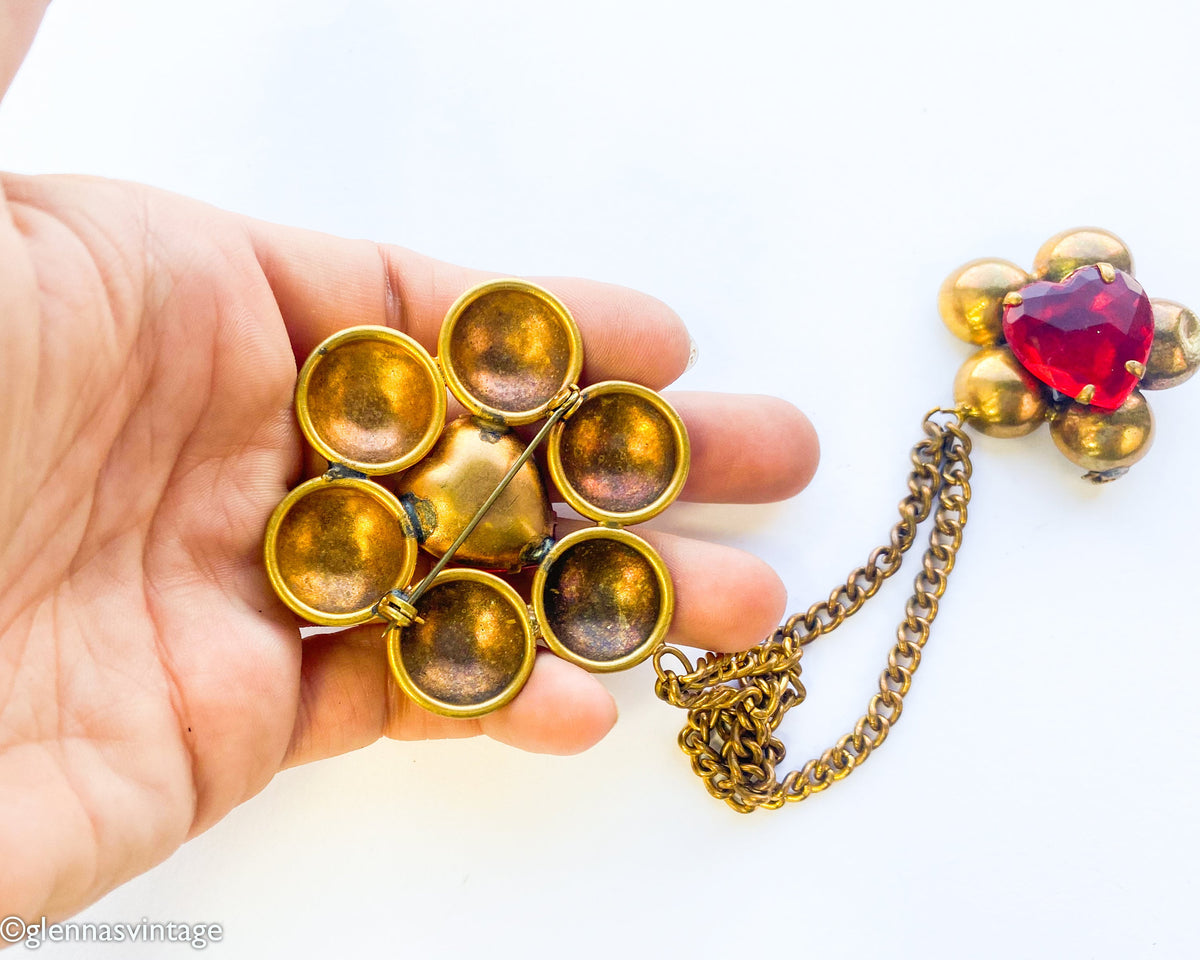1940s Red Brass Flower Pin Set, Sweater Guard