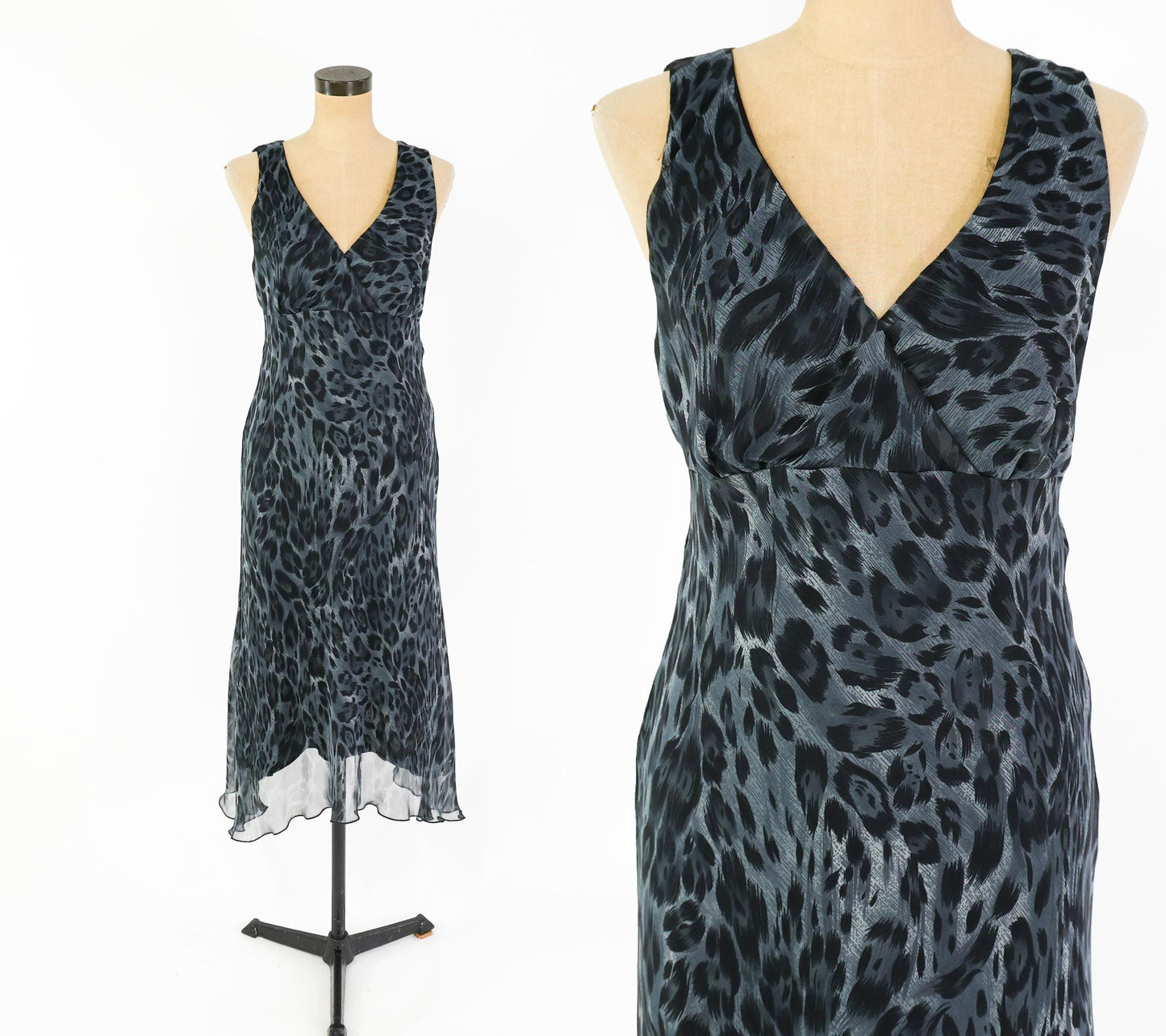 1990s Black Animal Print Dress | Black Sleeveless Maxi, Small