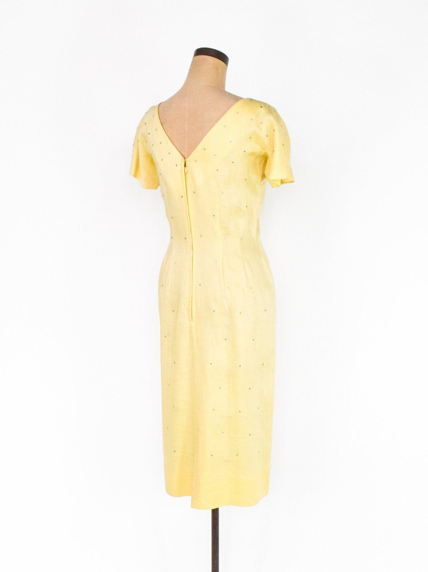 1950s Yellow Linen Sheath | 50s Yellow Cocktail Dress, Large