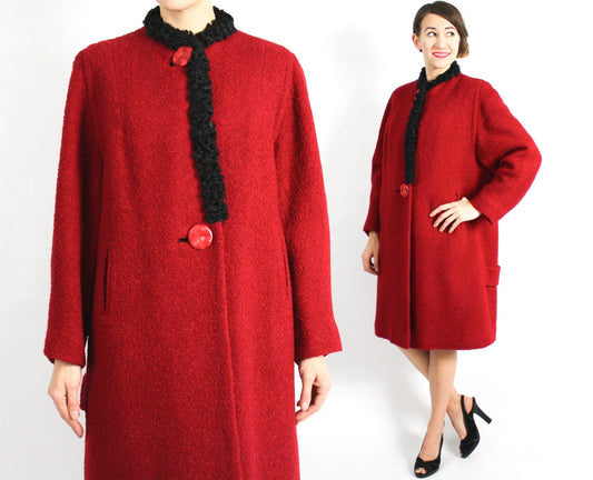1940s Red Wool Boucle Coat with Black Persian Lamb Trim, Large