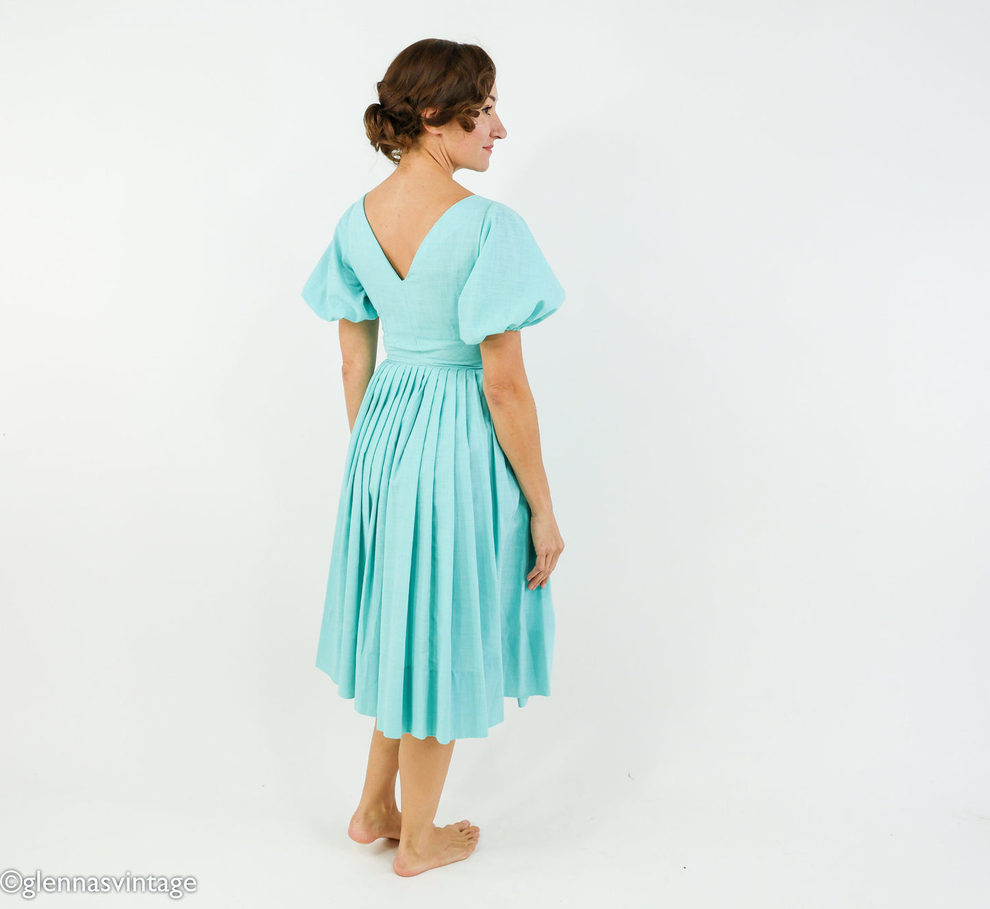 1950s Turquoise Blue Cotton Dress, Extra Small