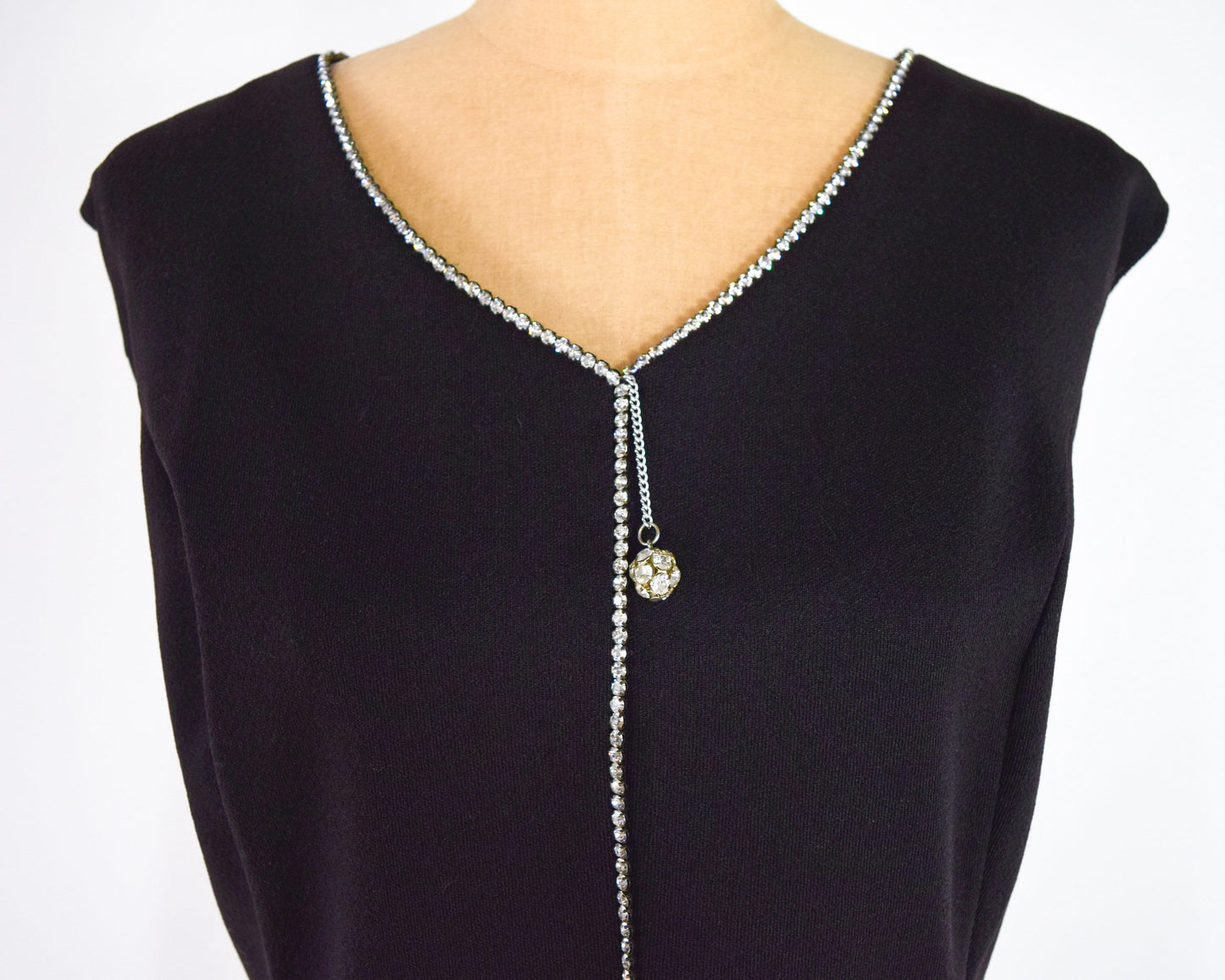 1960s Black Rhinestone Sleeveless Dress, 48” Waist