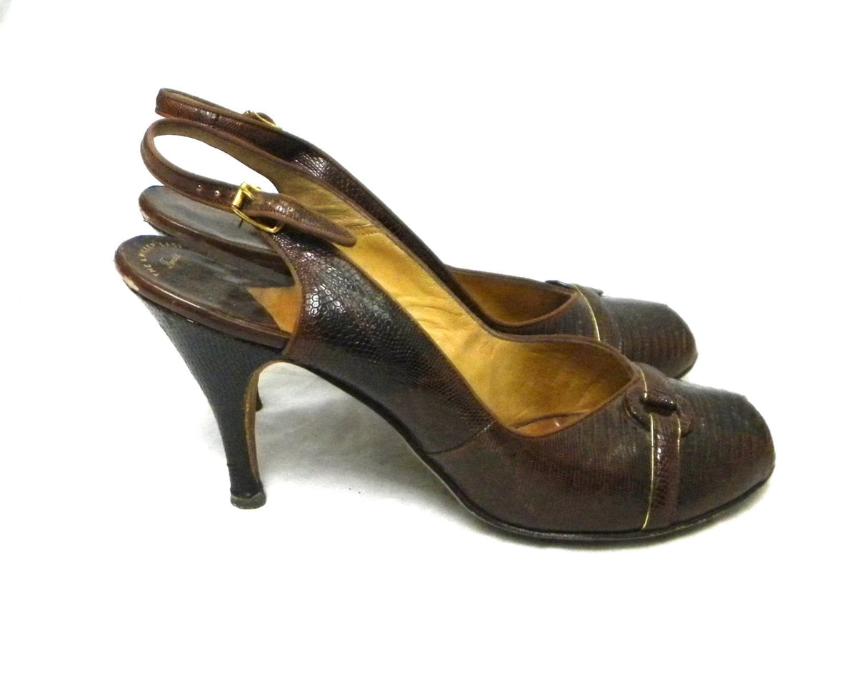 1950s Brown Lizard Skin Slingback Pumps Leather Heels, 8.5 Narrow, 39