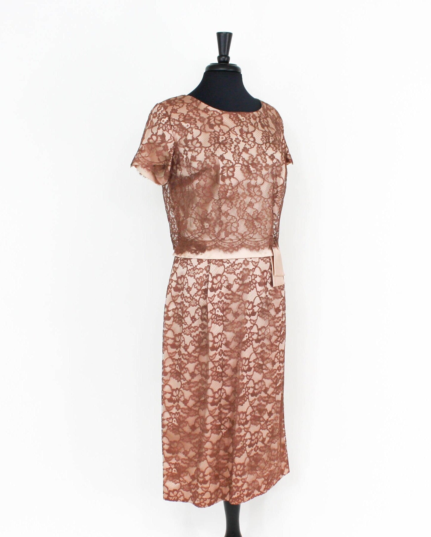 1950s Brown Lace Evening Dress |  50s Brown Lace & Satin Cocktail Dress | A DuBarry Fashion | Large