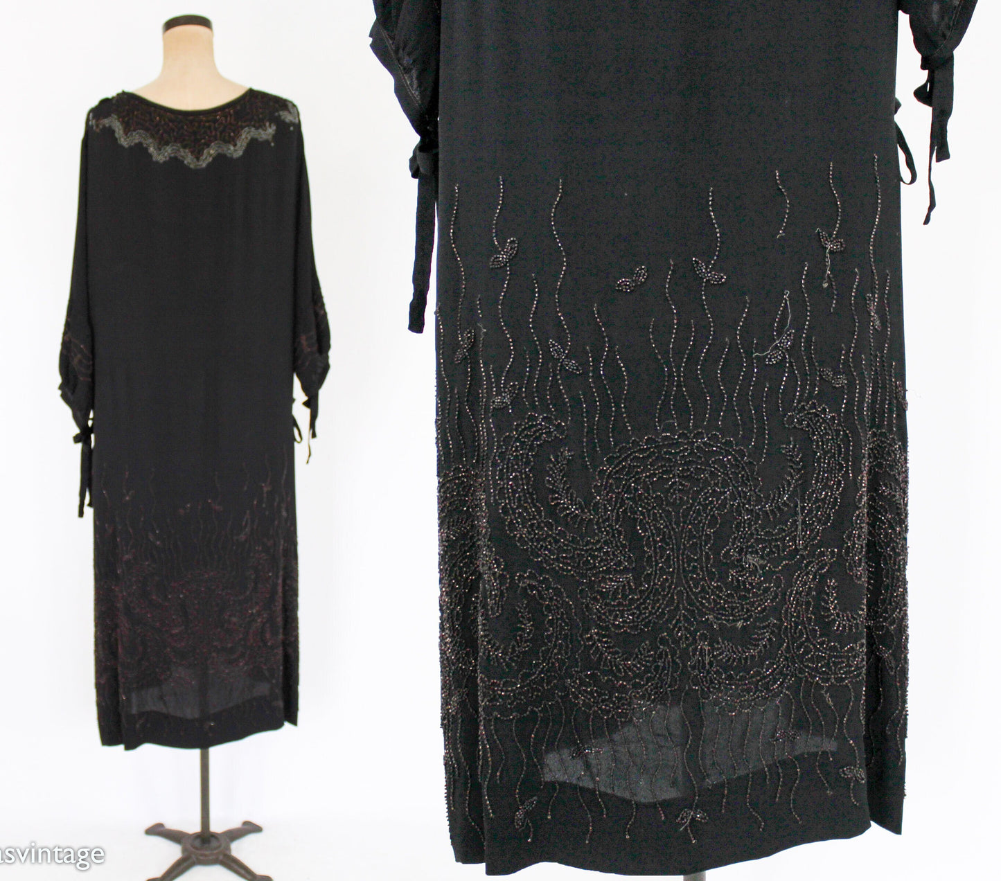 1920s Plus Size Beaded Black Silk Dress, Extra Large