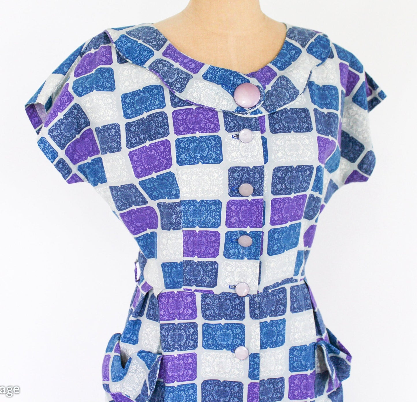 1950s Blue Purple Print Cotton Day Dress Rockabilly, Large