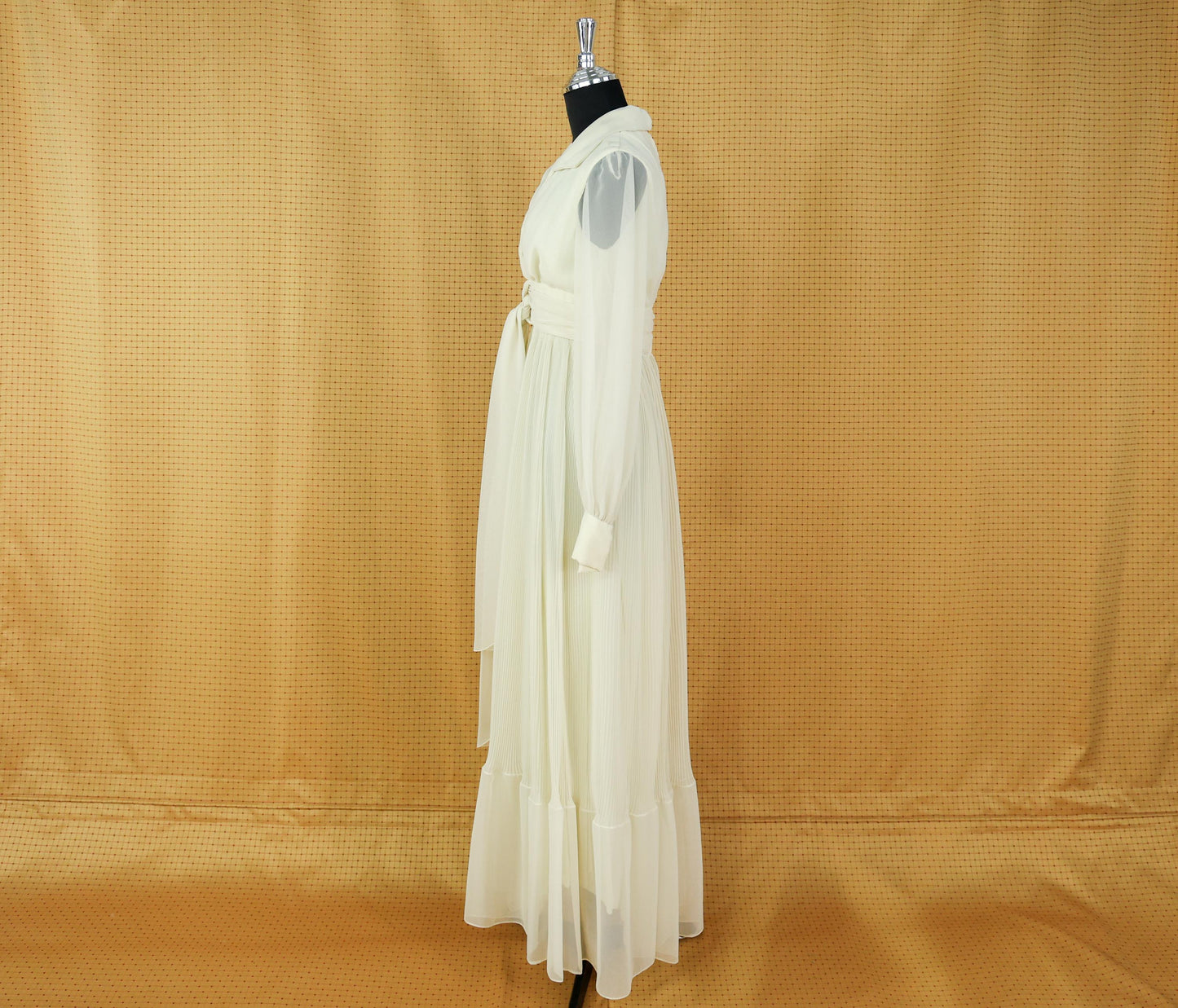 1970s Ivory Chiffon Wedding Dress, Romantic Pleated Maxi Gown, Small